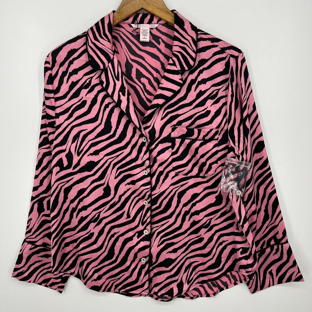 Victoria's Secret Satin Sleep Top Women's‎ M Pink Long Sleeve Button Up Pocket